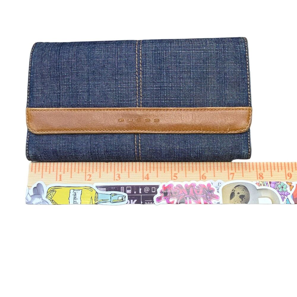 Guess Y2K Denim Trifold Wallet with Tan Leather Trim Blue Jean Clutch - Picture 8 of 8